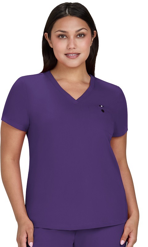 Ladies v-neck scrub top with chest pocket that can be worn tucked in or out