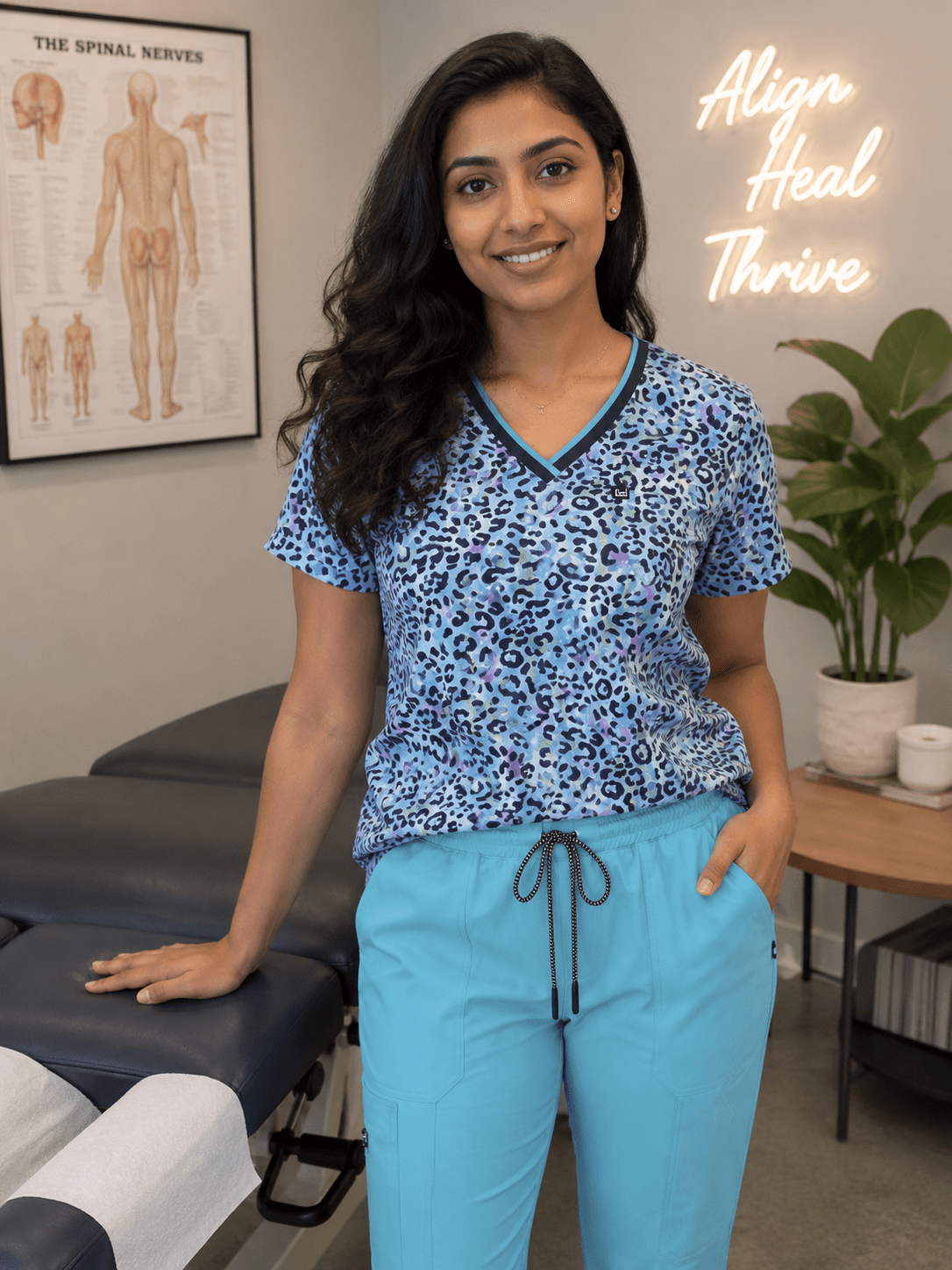 Chiropractor wearing koi Next Gen leopard print scrub top for women in South Africa