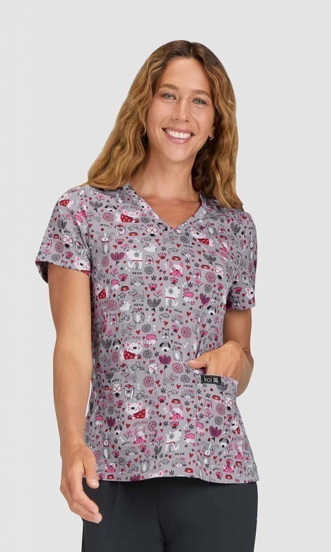 Leslie koi Basics Cat Print Women’s Scrub Top
