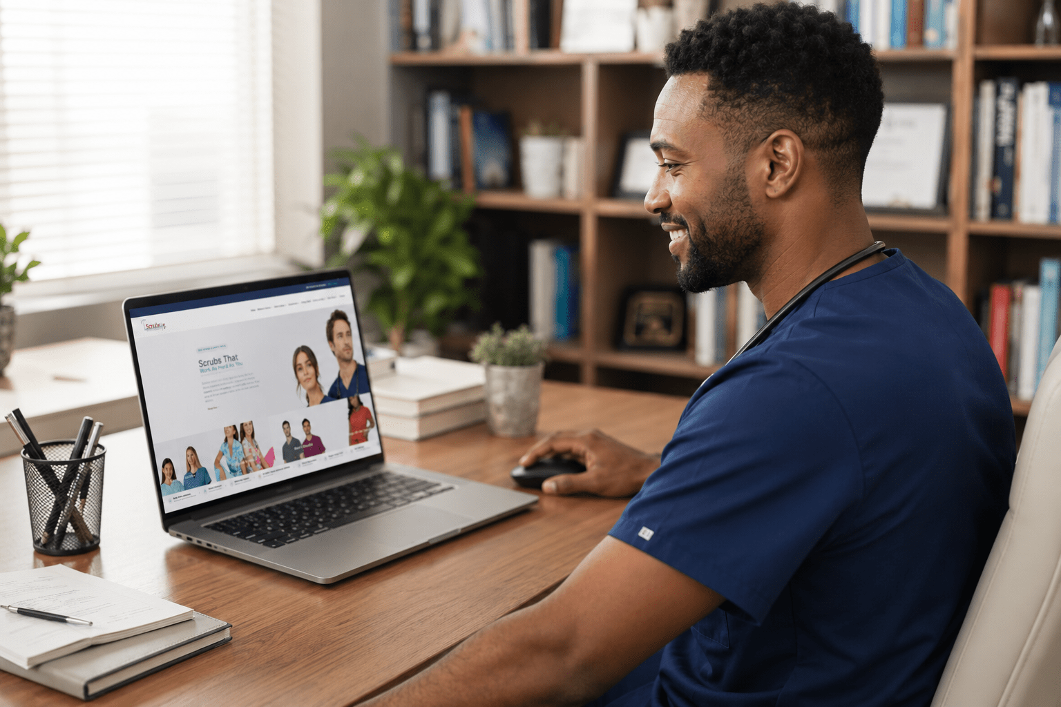 A South African male doctor buying koi scrubs online from Scrubs Rx