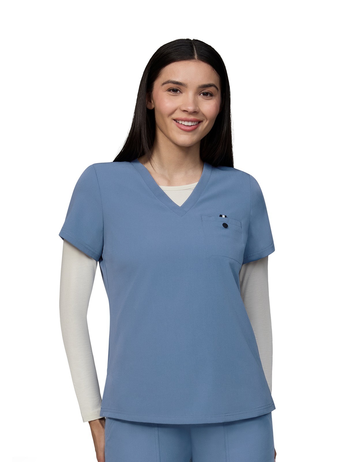 Ladies v-neck scrub top with chest pocket that can be worn tucked in or out