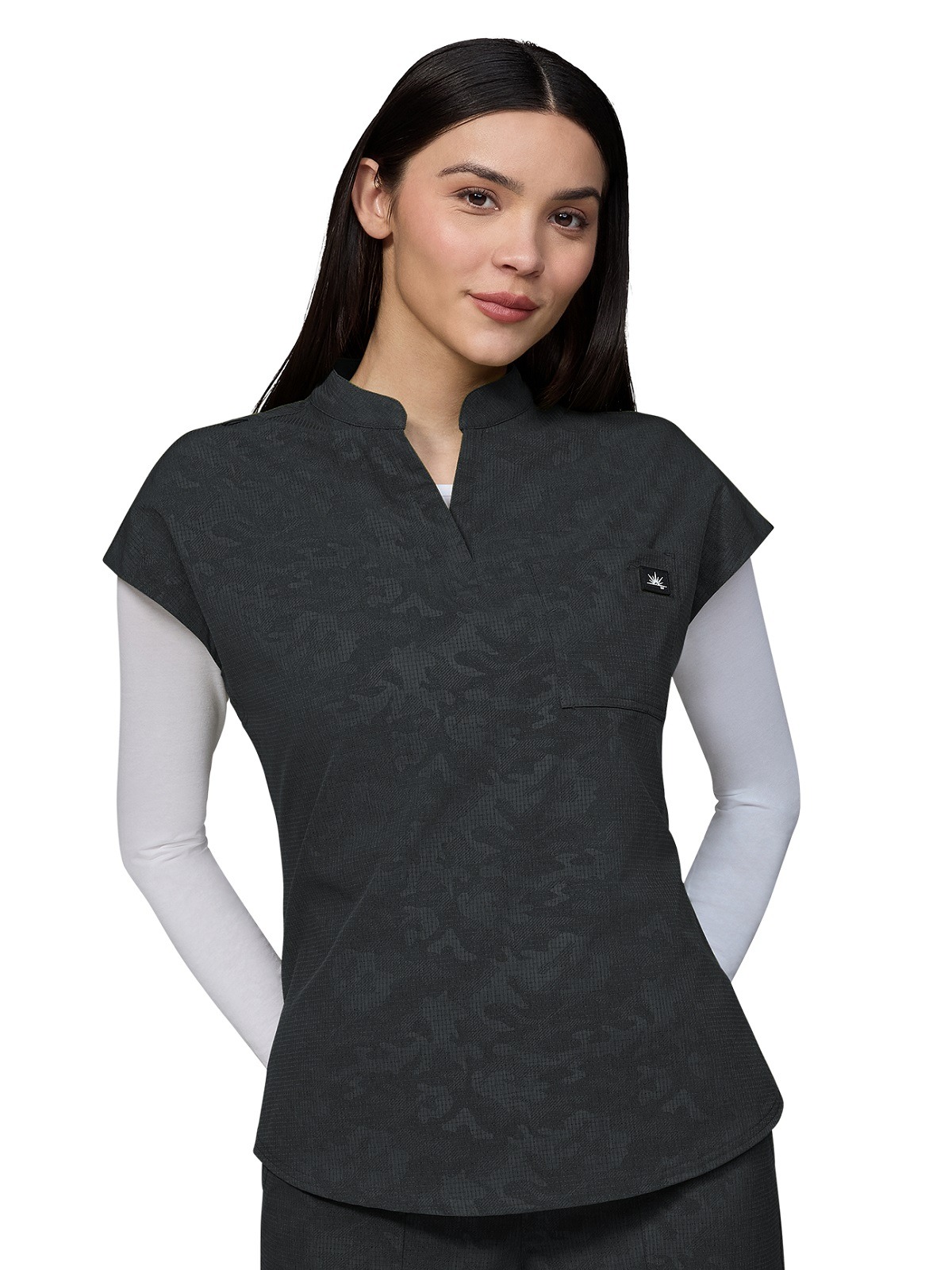 Solis Catrin ladies scrub top in embossed camo print