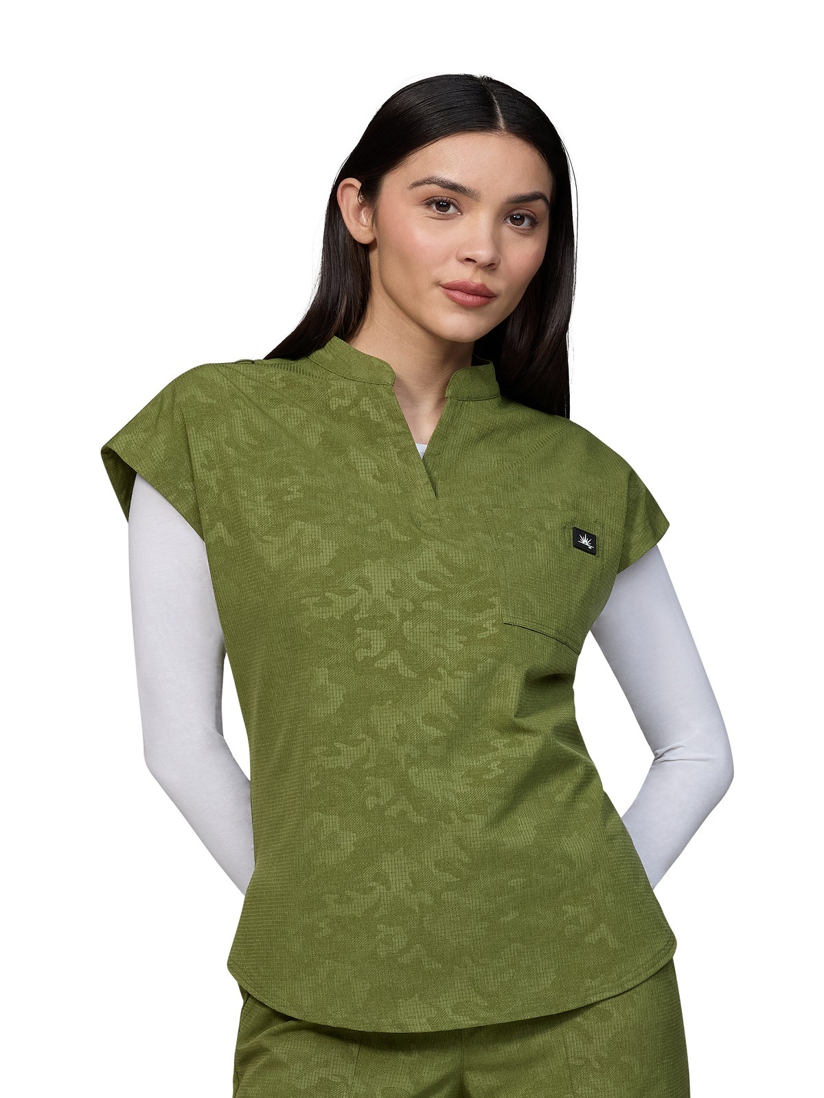 Solis Catrin ladies scrub top in embossed camo print