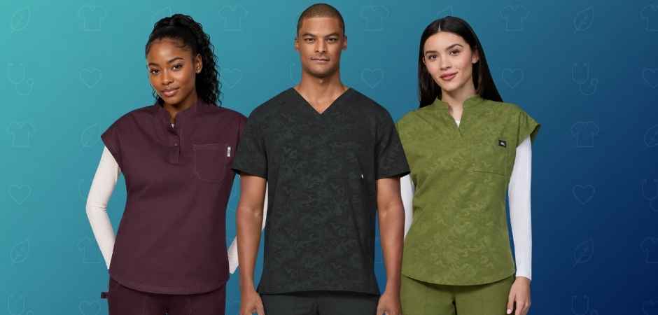 Three South African healthcare workers in burgundy, black and olive koi medical scrubs